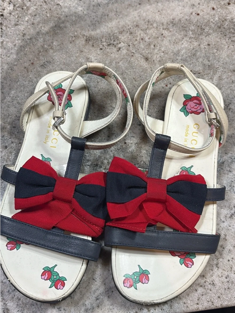 Gucci Kids Navy & Red Bow Floral Strap Sandals